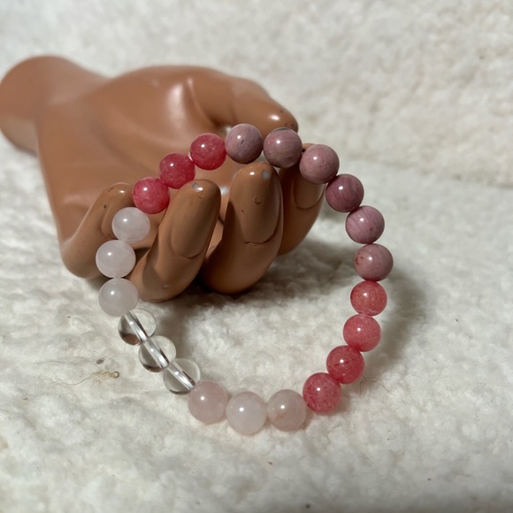 Bracelet 8,5mm Rose Quartz, Clear Quartz, Rhodonite , Rhdochrosite - Picture 7 of 8